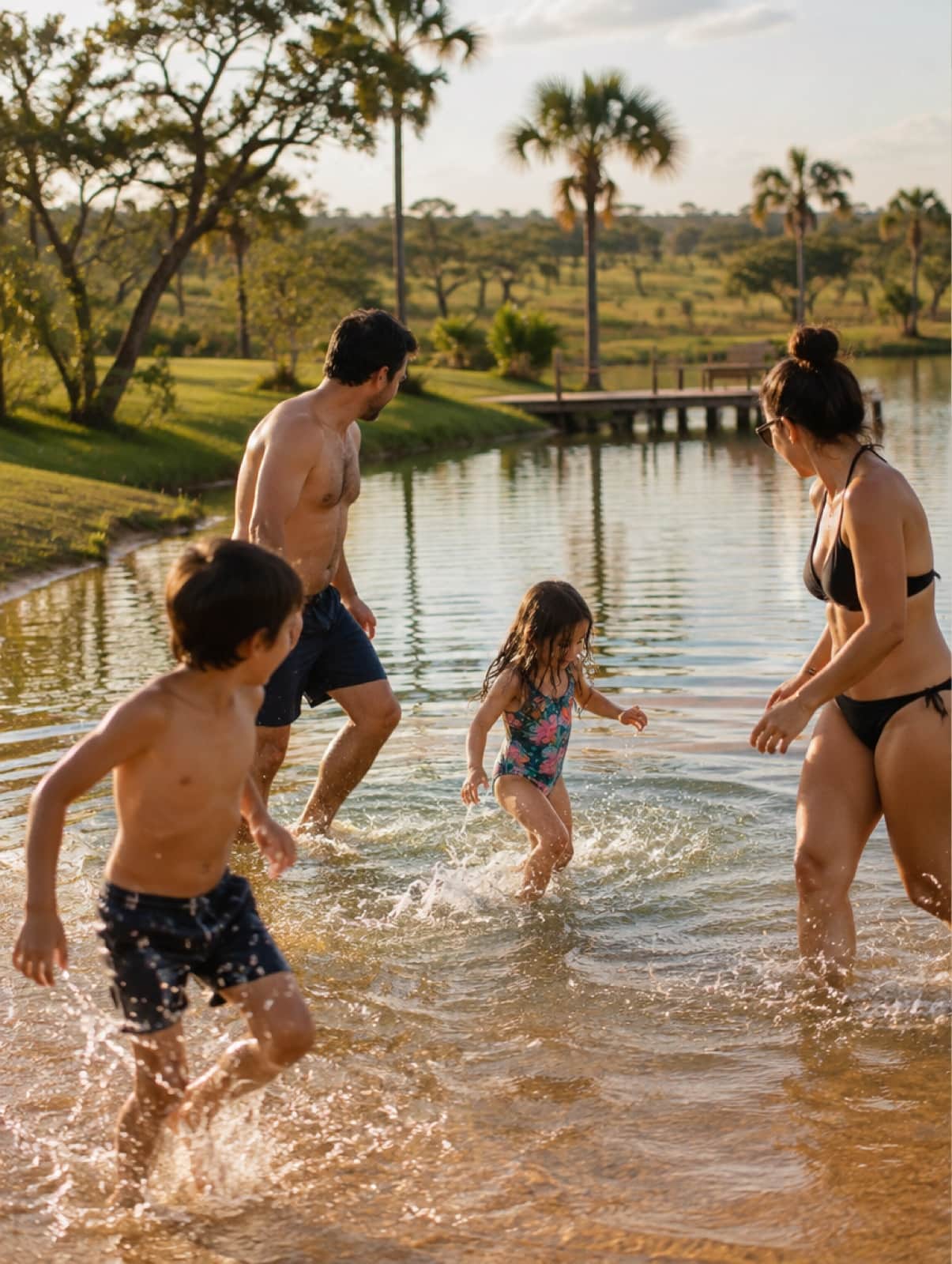 Família brincando na beira do lago de um condomínio de chácaras ao entardecer